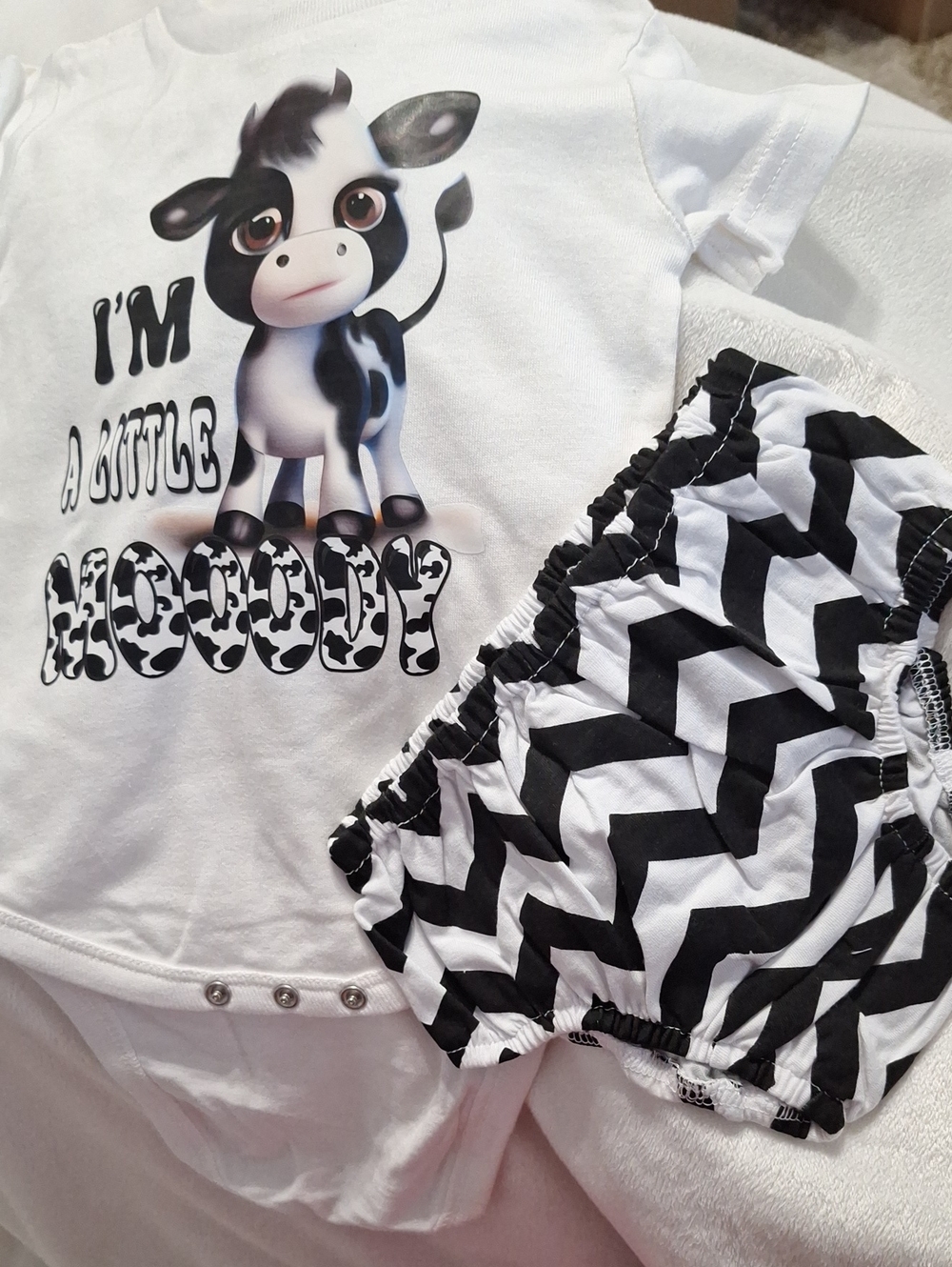 Rabbit Skins White and Black Cow Graphic Onesie with Chevron Bloomers